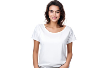 Portrait of lady wearing a boat neck T shirt isolated on white background.