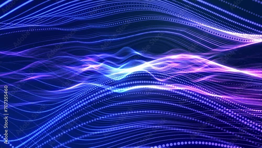 Poster waves run on surface. glowing particles form surface, strings. luminous wave motion design for festi