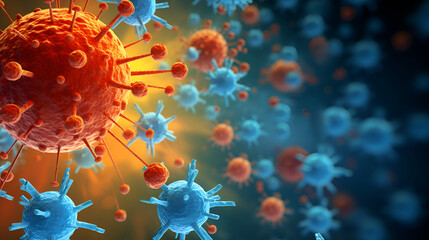 Microscopic image of immune system attack virus, vaccine. background with copy space for microbiology, medical and scientific purposes. - obrazy, fototapety, plakaty