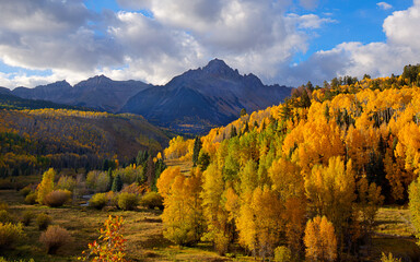 Mount Sneffels at dawn in the Fall with orange and yellow aspen trees
