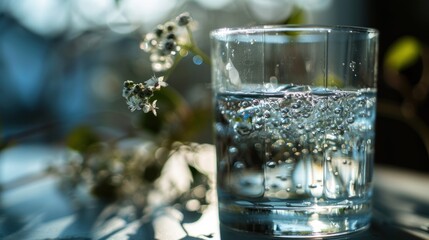  a glass of water sitting on top of a table next to a vase with flowers in it and water droplets on the side of the glass and the top of the glass.