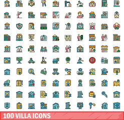 100 villa icons set. Color line set of villa vector icons thin line color flat on white