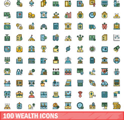 100 wealth icons set. Color line set of wealth vector icons thin line color flat on white