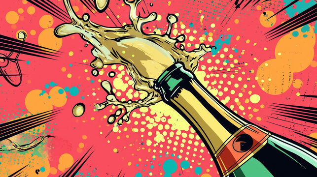 Wow pop art. Champagne. colorful background in pop art retro comic style.