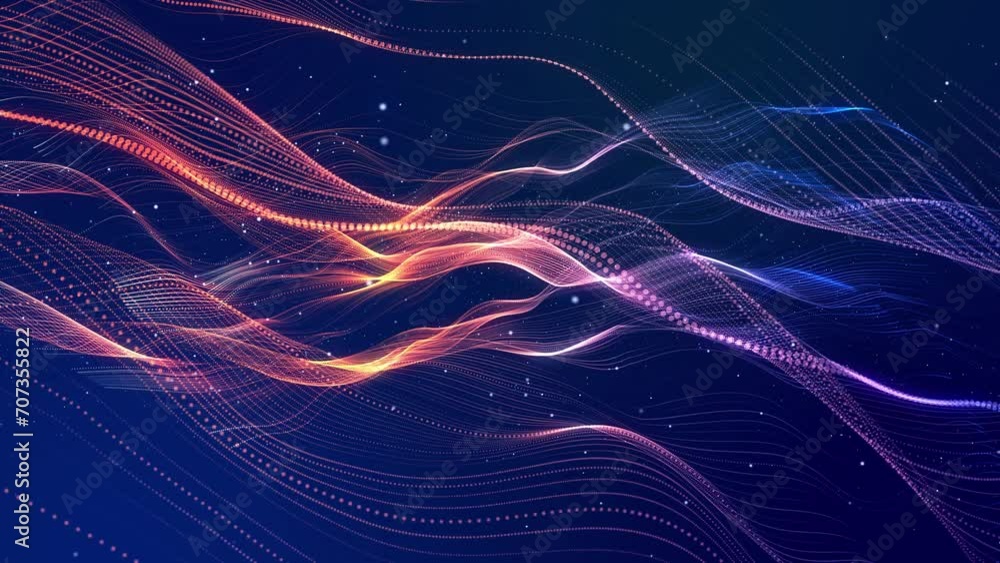 Poster glow particles form surface, strings. luminous wave motion design for festive events and presentatio