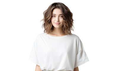 Portrait of lady wearing a dolman sleeve T-shirt isolated on white background.