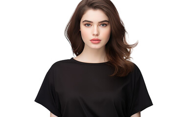Portrait of lady wearing a dolman sleeve T-shirt isolated on white background.