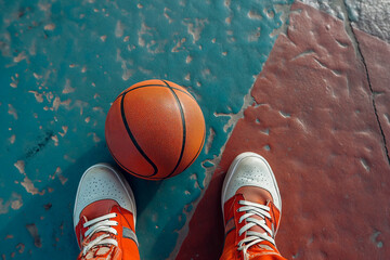 Baketball sport ball and player shoes high angle point of view - obrazy, fototapety, plakaty