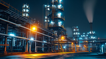 Fototapeta na wymiar Fotografia de longa exposição capturando as estruturas iluminadas de uma fábrica química à noite enfatizando a natureza contínua das operações industriais
