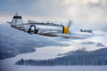 P-47 Thunderbolt chases a Focke-Wulf 190 (models) over a winter landscape - obrazy, fototapety, plakaty