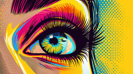 Wow pop art. Close-up female eye with make-up. Vector colorful background in pop art retro comic style.