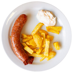 Common Spanish dish is baked butifarra sausages garnished with pieces of crispy fried potatoes with hot alioli sauce. Isolated over white background