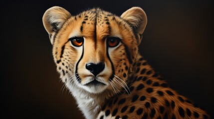  a close up of a cheetah's face with an intense look on it's face and it's face is looking straight ahead with a black background.