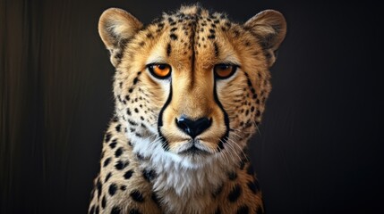  a close up of a cheetah's face with an intense look on it's face and it's face is looking straight ahead with a black background.