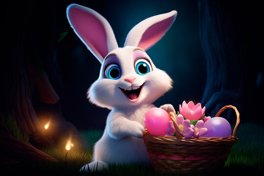 Easter. Cute bunny and Easter basket with eggs on dark background. Concept and idea of happy easter day. Template for puzzle, cover, advertising.