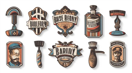 3d wallpaper Set of vintage barbershop emblems, labels, badges, logos. Layered. Text is on separate layer. Isolated on white background - obrazy, fototapety, plakaty