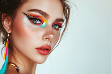 Fototapeta premium Fashion model woman face with fantasy art make-up. Bold makeup, glance Fashion art portrait, incorporating neon colors. Advertising design for cosmetics, beauty salon. content.