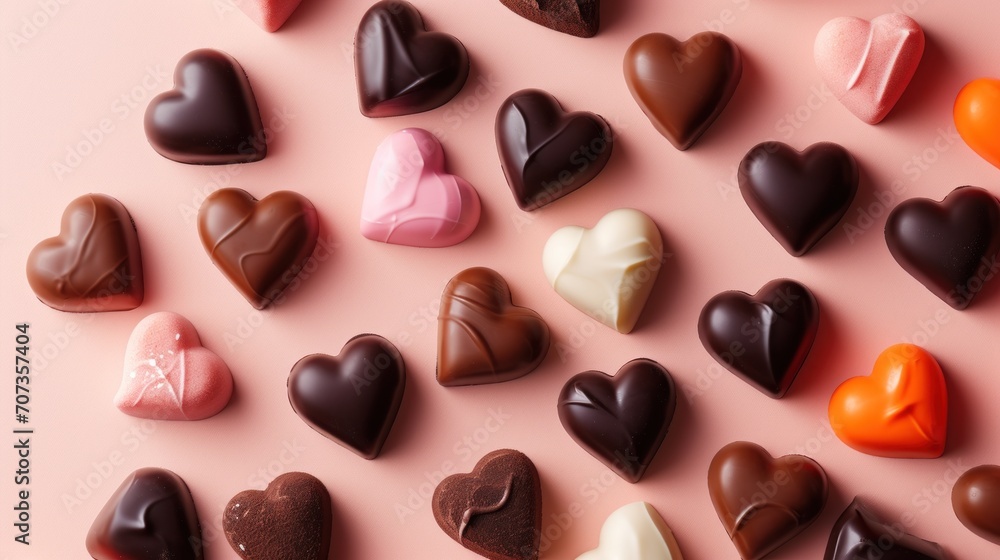 Sticker a bunch of heart shaped chocolates on a pink background with a pink background and a pink background