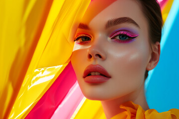 Fashion model woman face with fantasy art make-up. Bold makeup, glance Fashion art portrait, incorporating neon colors. Advertising design for cosmetics, beauty salon. content.