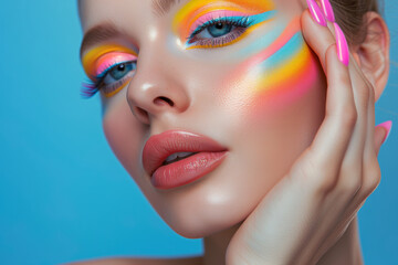 Naklejka premium Fashion model woman face with fantasy art make-up. Bold makeup, glance Fashion art portrait, incorporating neon colors. Advertising design for cosmetics, beauty salon. content.