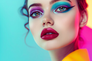 Fototapeta premium Fashion model woman face with fantasy art make-up. Bold makeup, glance Fashion art portrait, incorporating neon colors. Advertising design for cosmetics, beauty salon. content.