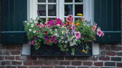 Fototapeta na wymiar A charming window box filled with blooming flowers, enhancing the beauty of a city street