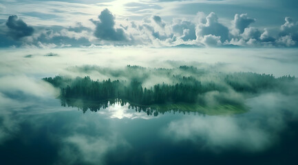 Fototapeta premium Aerial image with clouds and trees in a landscape surrounded by mist