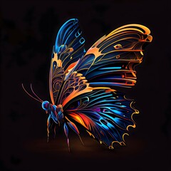 butterfly, vibrant, black backdrop, line art, 8k