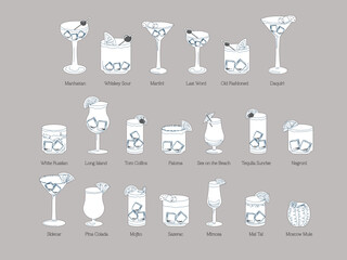 Classic Cocktail Glasses in Single Line Drawings