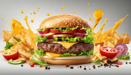 Delicious burger with many ingredients tasty cheeseburger