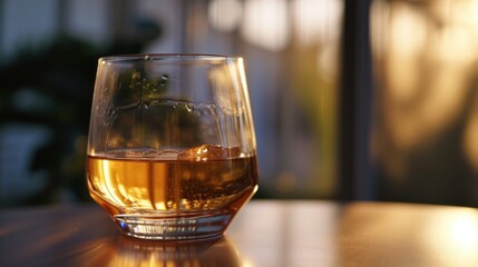  a close up of a glass of alcohol on a table with a plant in the middle of the glass and a blurry background of the glass on the table.