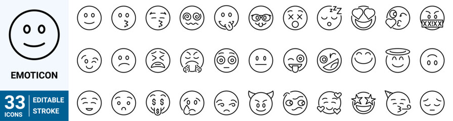 Set of emoticons line web different emotions. Happy and sad emoji. Outline Icons. Vector illustration.