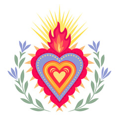 Mexican Sacred Heart with flowers, thorns and fire. Corazon Mexicano.