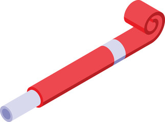 Red color party blower icon isometric vector. Fun holiday. Noise striped