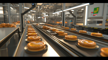Uma linha de processamento de alimentos moderna com maquinaria automatizada demonstrando a eficiência e precisão envolvidas na produção em massa de alimentos embalados