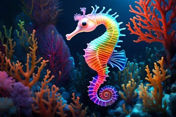 Fototapeta na wymiar A delicate, neon seahorse gliding through underwater corals, its translucent body illuminated in a spectrum of neon colors.