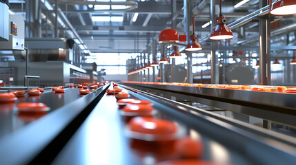 Uma linha de processamento de alimentos moderna com maquinaria automatizada demonstrando a eficiência e precisão envolvidas na produção em massa de alimentos embalados - obrazy, fototapety, plakaty