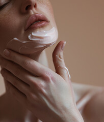 Portrait of beautiful young natural woman applying face cream