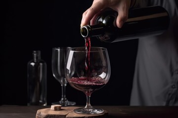 closeup of hands pouring wine from the container into a glass