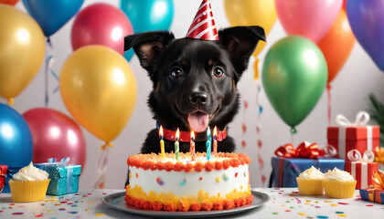 A jubilant dog, sporting a festive party hat, sits proudly in front of a delectable birthday cake adorned with flickering candles.	