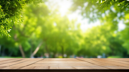 Closeup of wooden ground for presentation with green blurred forest background, natural scene for produkt presentation