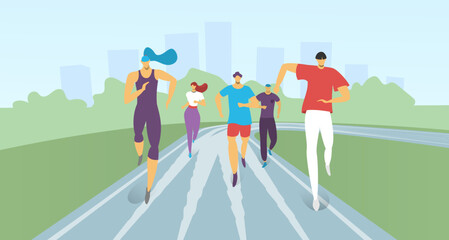 Group of diverse runners jogging in the city park. Men and women exercising together outdoors. Urban fitness and group running concept vector illustration.