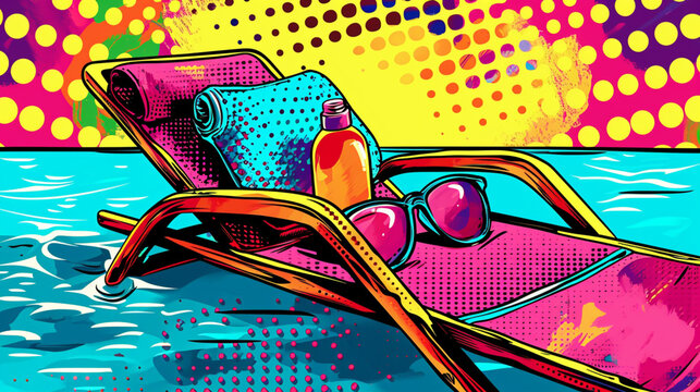 Wow pop art. Towel, glasses, sunscreen on the sun lounger at the pool. colorful background in pop art retro comic style.