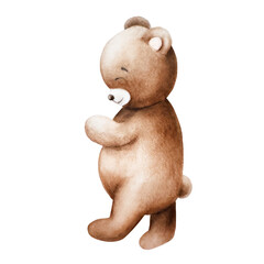Watercolor cute cartoon teddy bear. Hand drawn baby illustration isolated on white background. Lovely toy for baby and kids new born celebration, designers, prints, baby shower, postcards, wrapping 
