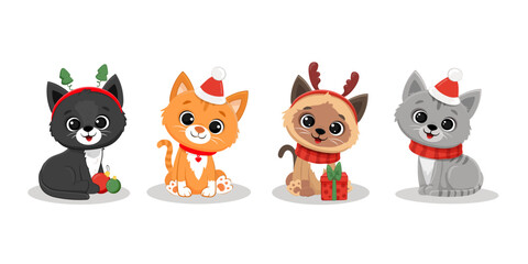 set of cute cartoon kittens on a white background. Christmas illustration. Cat with gift. Xmas. Vector illustration