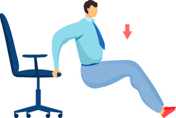 Cartoon man falling from office chair, accident at work, clumsy employee in trouble. Office safety and workplace incident vector illustration.