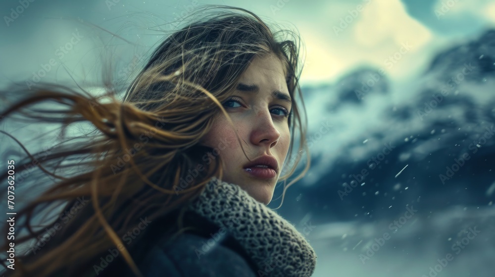 Aufkleber conceptual image capturing a girl's close-up in the mountains, her hair gently blowing in the mounta