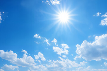 beautiful blue sky with white cumulus clouds and sun for abstract background