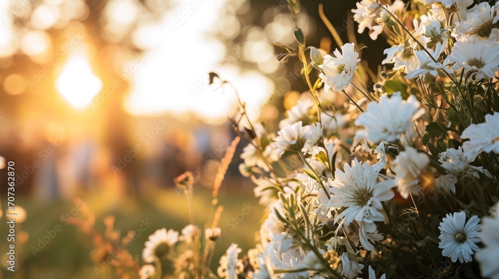 Poster a close up of a bunch of flowers in a field with the sun shining through the trees and grass in the 
