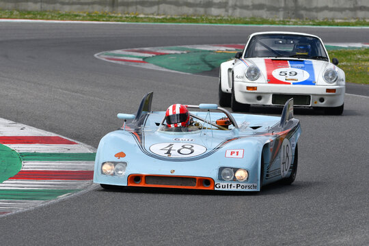 Scarperia, 2 April 2023: Porsche 908-03 of year 1969 in action during Mugello Classic 2023 at Mugello Circuit in Italy.